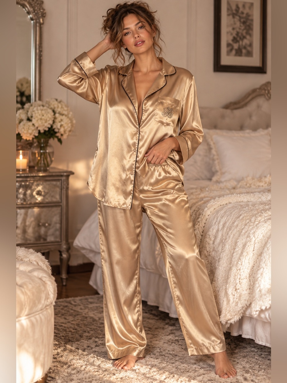 Vintage Y2K Sophia by Delicates Gold Satin Pajama Set Embroidered 2 Piece Medium